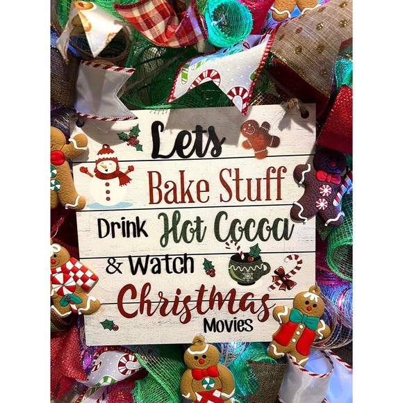 Christmas Gingerbread Man Holiday Ribbon Door Wreath Handmade 22 ins LED W5 - Picture 6 of 10